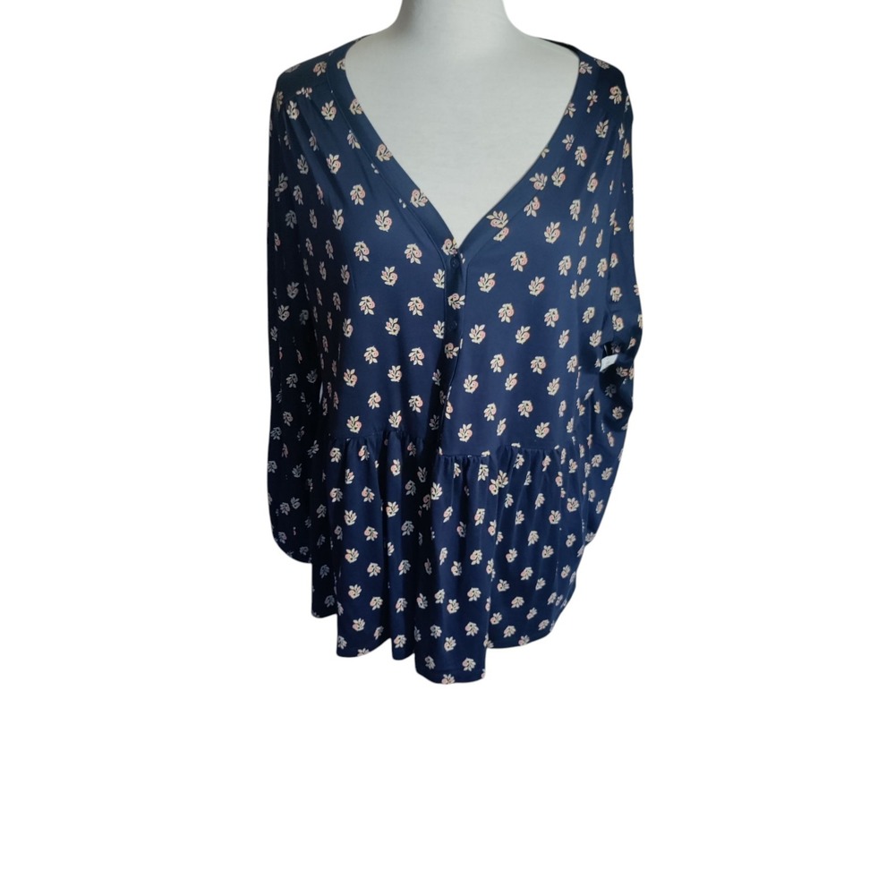 Old Navy Women's Size 2X Navy Blue V-Neck Floral Print Long Sleeve Top New